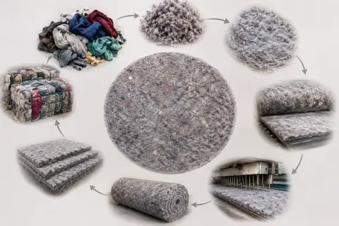 Circular-economy diagram of the recycled felt manufacturing process, from sorted textile waste to finished rolls