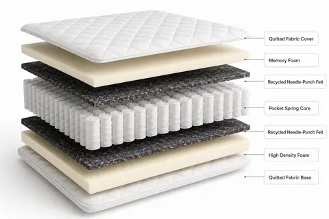 Labelled cross-section of pocket spring mattress layers, showing the recycled felt insulating layer