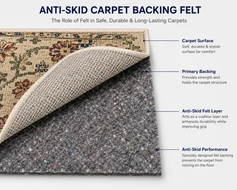 Labelled diagram of carpet and rug construction showing the felt backing layer